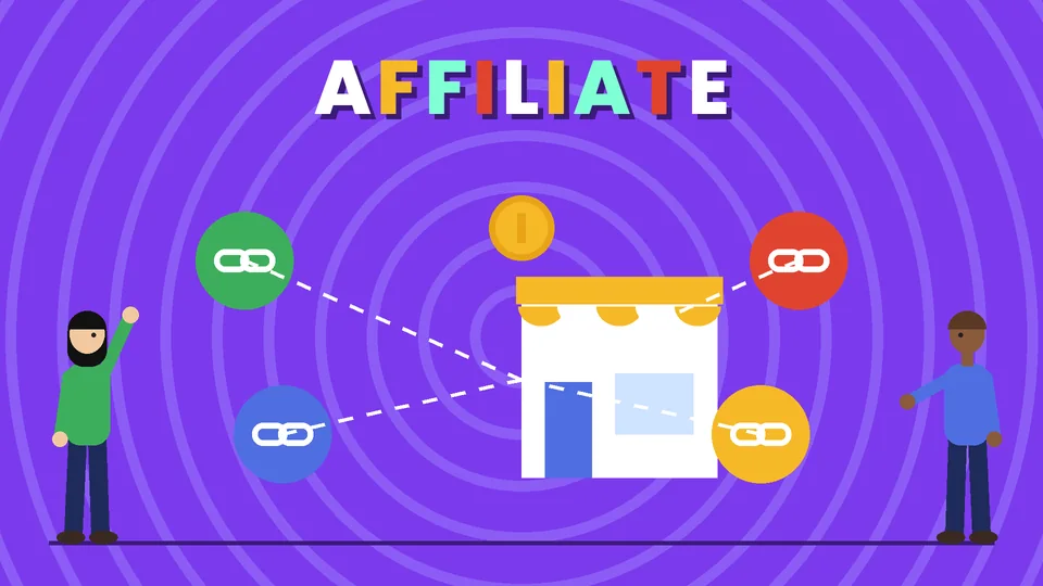 Two cartoon people beside a storefront linked by dashed lines to four colored link badges and a gold coin under the word AFFILIATE