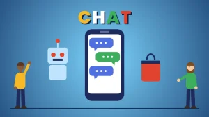 Two cartoon people beside a phone with chat bubbles, a friendly robot and a red shopping bag under the word CHAT