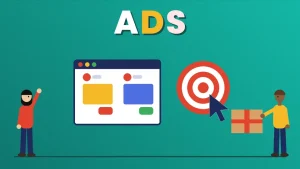 Two cartoon people beside a browser showing two ad cards, a target with a cursor and a parcel under the word ADS