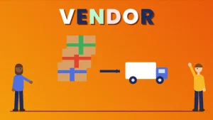 Two cartoon people beside stacked parcels moving to a delivery truck under the word VENDOR