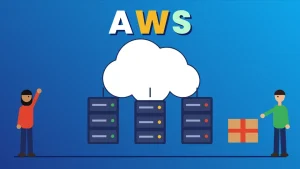 Two cartoon people beside a cloud connected to three server racks and a parcel under the letters AWS