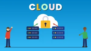 Two cartoon people beside a white cloud with a yellow padlock above two server racks under the word CLOUD