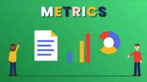 Two cartoon people beside a document, a bar chart and a donut chart under the word METRICS