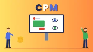 Two cartoon people beside a billboard showing an ad with two watching eyes and a stack of coins under the word CPM