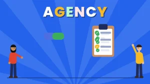 Two cartoon people beside two joined hand tiles and a clipboard checklist with check marks under the word AGENCY