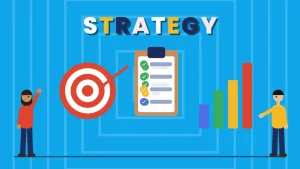 Two cartoon people beside a red and white target with an arrow, a clipboard checklist and a rising colored bar chart under the word STRATEGY
