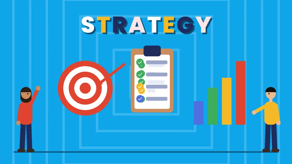 Two cartoon people beside a red and white target with an arrow, a clipboard checklist and a rising colored bar chart under the word STRATEGY