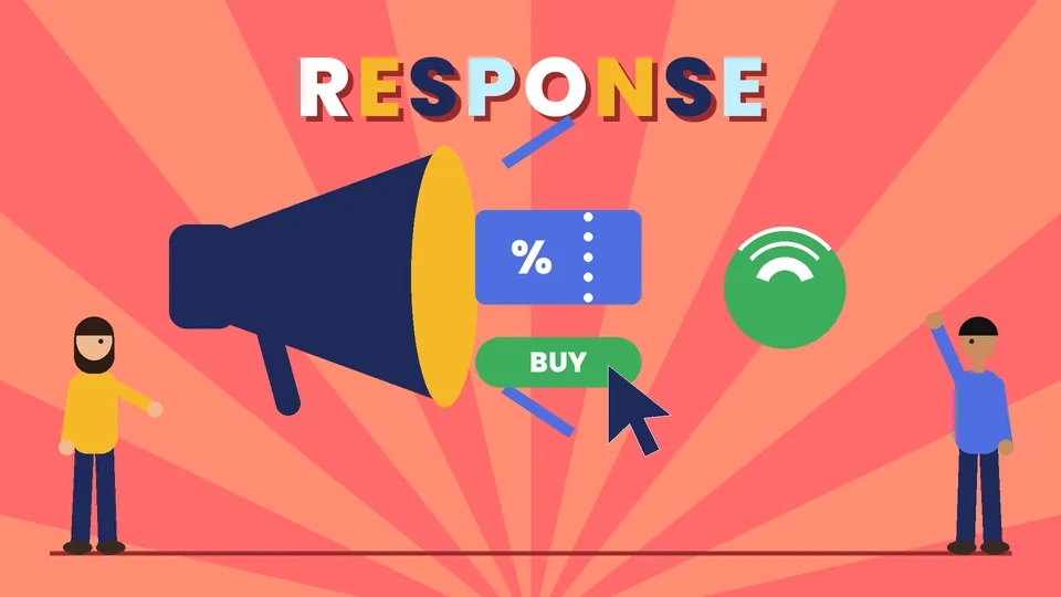 Two cartoon people beside a large navy megaphone sending out a blue coupon with a percent sign and a green BUY button with a pointer under the word RESPONSE