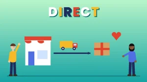 Two cartoon people beside a small shop with an arrow leading past a delivery truck to a parcel and a red heart under the word DIRECT