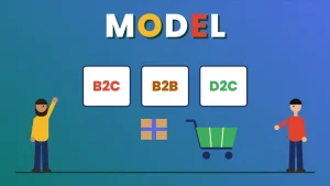 Two cartoon people beside three cards labeled B2C, B2B and D2C above a parcel and a shopping cart under the word MODEL