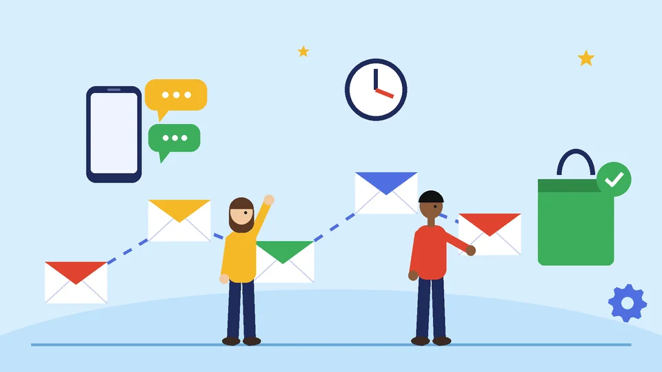 Ecommerce email and SMS lifecycle flows A dashed path of five colored email envelopes leading to a shopping bag with a check mark, with a phone showing chat bubbles and a clock