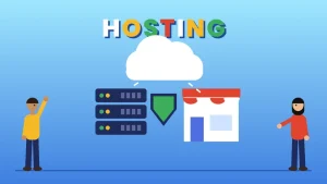 Two cartoon people beside a cloud, a server stack, a green shield and a storefront under the word HOSTING