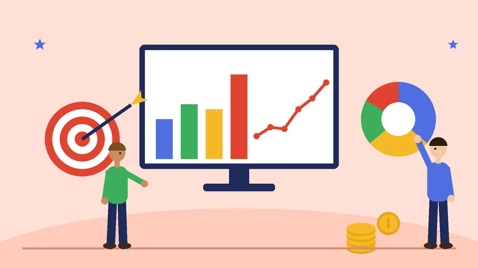 Ecommerce marketing metrics dashboard A large monitor showing bar and line charts beside a target with an arrow, a donut chart and stacked coins, with two people reviewing results