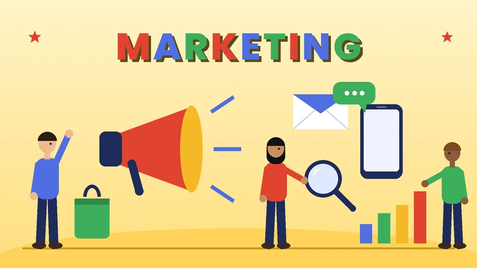 Three cartoon marketers around a big red megaphone, an email envelope, a phone with a chat bubble, a magnifier, a shopping bag and a bar chart under the word MARKETING