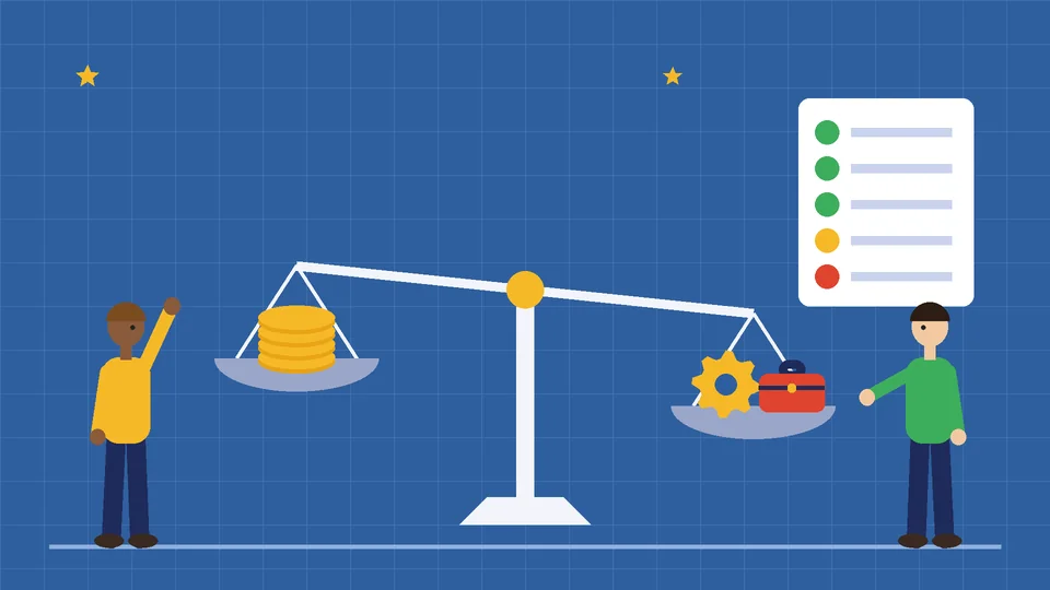Weighing ecommerce platform costs and effort A balance scale weighing a stack of coins against a gear and a toolbox next to a checklist card, with two people comparing