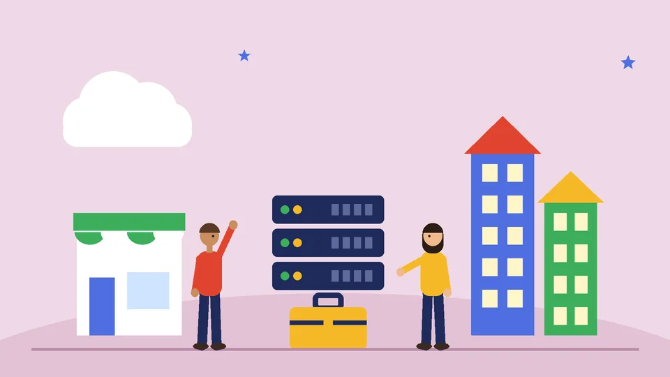 Hosted, self-hosted, and enterprise ecommerce platforms A small shop under a cloud, a server rack with a toolbox, and two tall office towers, representing hosted, self-hosted and enterprise platforms