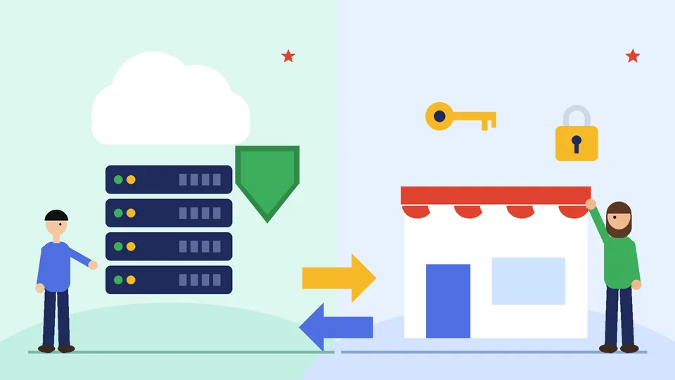 A cloud and server stack with a green shield on one side and a storefront with a key and padlock on the other, joined by two arrows