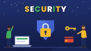 Two cartoon people beside a large blue shield with a yellow padlock, a laptop, a key and a payment card under the word SECURITY