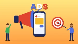 Two cartoon people beside a red megaphone, a phone showing an ad with a shop button and a target with an arrow under the word ADS