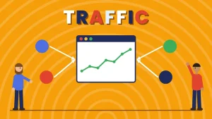 Two cartoon people beside a browser window with a rising green line chart and four colored circles with arrows pointing into it under the word TRAFFIC