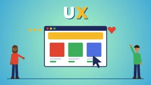 Two cartoon people beside a large browser window with a yellow banner, three product cards and a pointer, with stars and a red heart, under the word UX