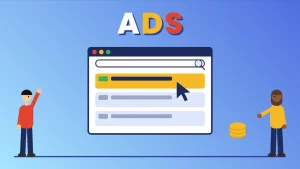 Two cartoon people beside a browser window showing a search bar and three ad results, the top one highlighted in yellow with a pointer, under the word ADS, with a stack of coins