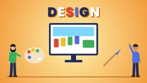 Two cartoon people beside a large monitor showing a store layout with color swatches, a paint palette and a brush under the word DESIGN