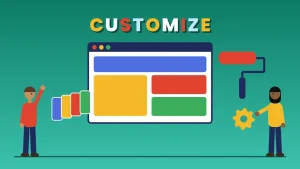 Two cartoon people beside a browser layout, paint roller, color swatches and a gear under the word CUSTOMIZE