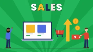 Two cartoon people beside a laptop showing two product cards, a red shopping cart, a tall yellow up arrow, gold coins and a red price tag under the word SALES