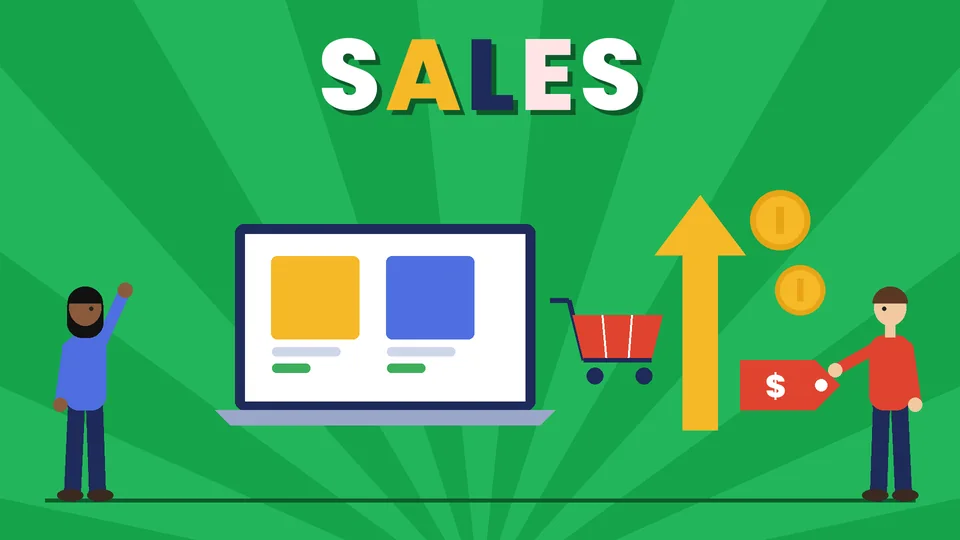 Two cartoon people beside a laptop showing two product cards, a red shopping cart, a tall yellow up arrow, gold coins and a red price tag under the word SALES