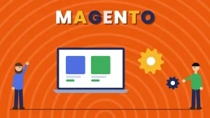 Two cartoon people beside a laptop with two product cards and two gears under the word MAGENTO
