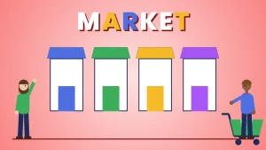 Two cartoon people beside a row of four colorful market stalls and a shopping cart under the word MARKET