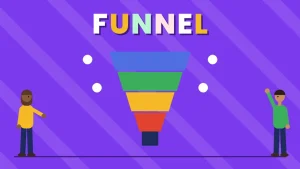 Two cartoon people beside a colored funnel with white dots dropping in under the word FUNNEL