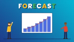 Two cartoon people beside a chart of rising bars with a red trend line under the word FORECAST