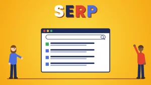 Two cartoon people beside a browser showing a search box and a list of results under the word SERP