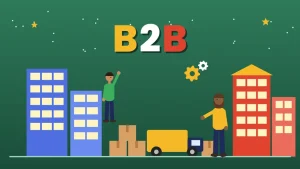 Office and warehouse buildings with stacked boxes, a delivery truck and two people under the word B2B