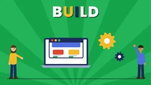 Two cartoon people beside a laptop showing a store page with product cards and two gears under the word BUILD