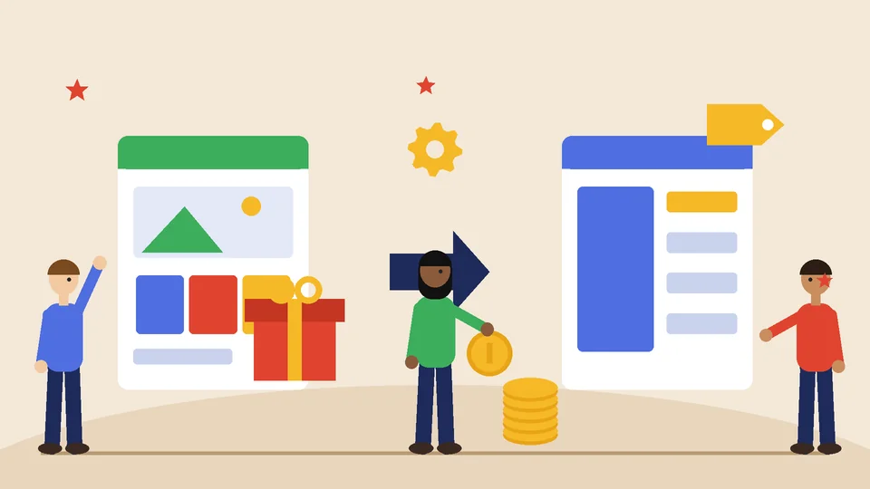 A store layout card with a gift box next to another layout card with a price tag and stacked coins