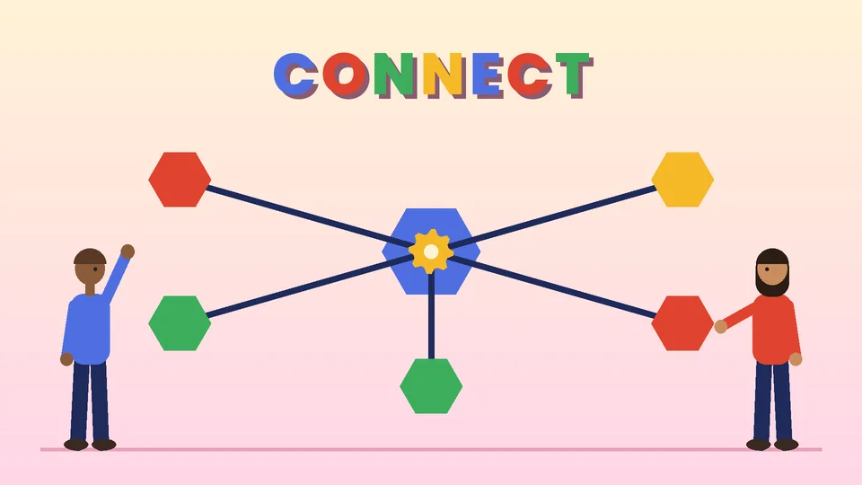 Two cartoon people around a blue hub connected by pipes to colorful hex nodes under the word CONNECT