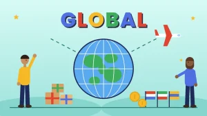Two cartoon retailers beside a large globe with a plane, shipping parcels, coins and small country pennants under the word GLOBAL