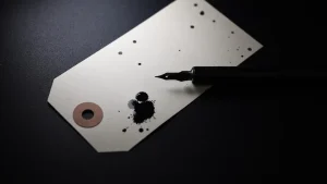 Blank paper price tag with ink spots and a fountain pen on a dark surface