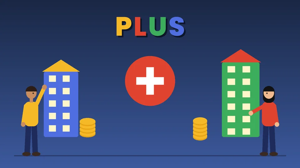 Two cartoon people beside city buildings, coin stacks and a large red plus badge under the word PLUS