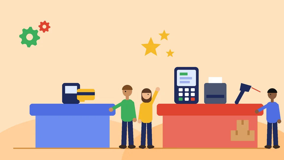A simple counter with one card reader next to a busier counter with a terminal, receipt printer, barcode scanner and stock boxes