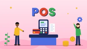 Two cartoon shop staff beside a checkout counter with a card terminal, payment card, receipt and coins under the word POS