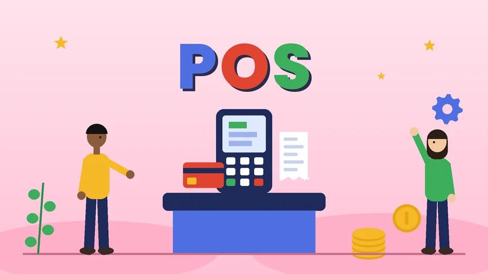 Two cartoon shop staff beside a checkout counter with a card terminal, payment card, receipt and coins under the word POS