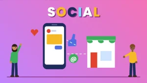 Two cartoon people beside a phone showing a product post, a blue thumbs-up, a green at sign and a storefront linked by dashed lines under the word SOCIAL