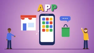 Two cartoon people beside a large phone with colorful app tiles, a small shop linked to it, a green bag and a chat bubble under the word APP