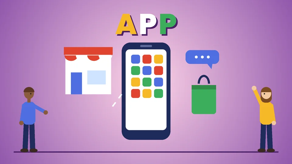 Two cartoon people beside a large phone with colorful app tiles, a small shop linked to it, a green bag and a chat bubble under the word APP