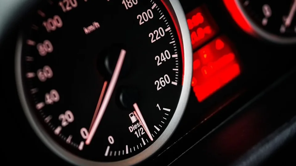 Close-up of a car speedometer glowing red against a dark dashboard