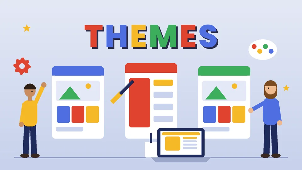 Two designers with three colorful store layout cards, a paintbrush, a color palette and a laptop under the word THEMES